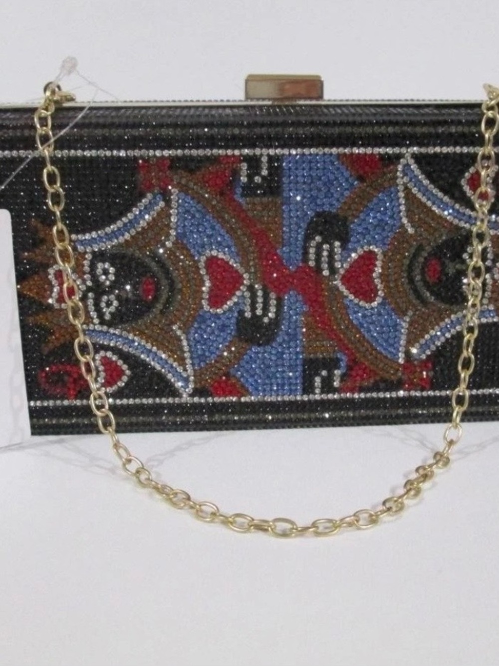 Embellished Black Multicolor Beaded Evening Clutch with Gold Chain